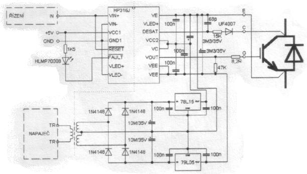 Vstupní obvod budiče je napájen ze stejného zdroje jako elektronika řízení. Obvody jsou na stejném potenciálu.