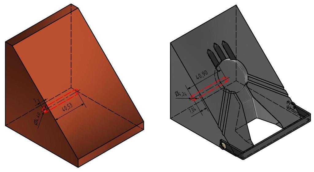 Tab. 4.2 Umístění otvorů na termočlánky Materiál kokily Průměr otvoru [mm] Hloubka otvoru [mm] Vzdálenost od kontaktní plochy [mm] Měď 4,40 40,53 7,00 Ocel 4,42 40,90 7,04 Obr. 4.2 Schéma umístění otvorů na termočlánky v kokile Takto připravená kokila (obr.