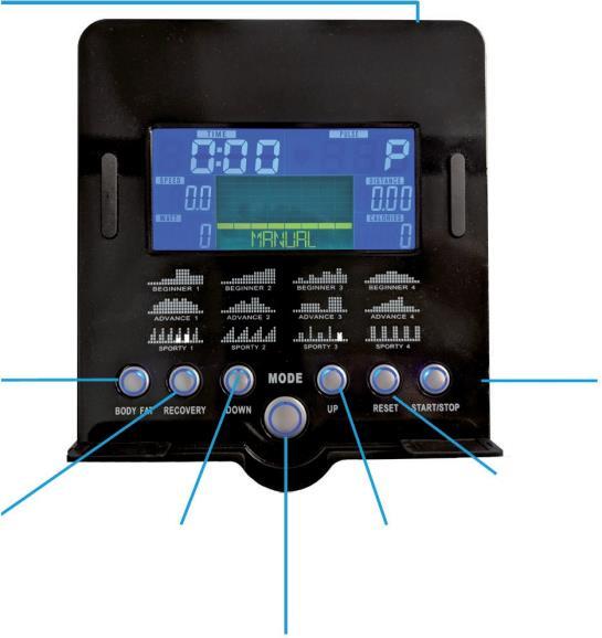 OVLÁDÁNÍ OVLÁDÁNÍ PANELU USB- port nabíjení testování tělesného tuku a BMI START/ STOP- Začněte nebo zastavte trénink RECOVERYtestování srdeční frekvence a stavu