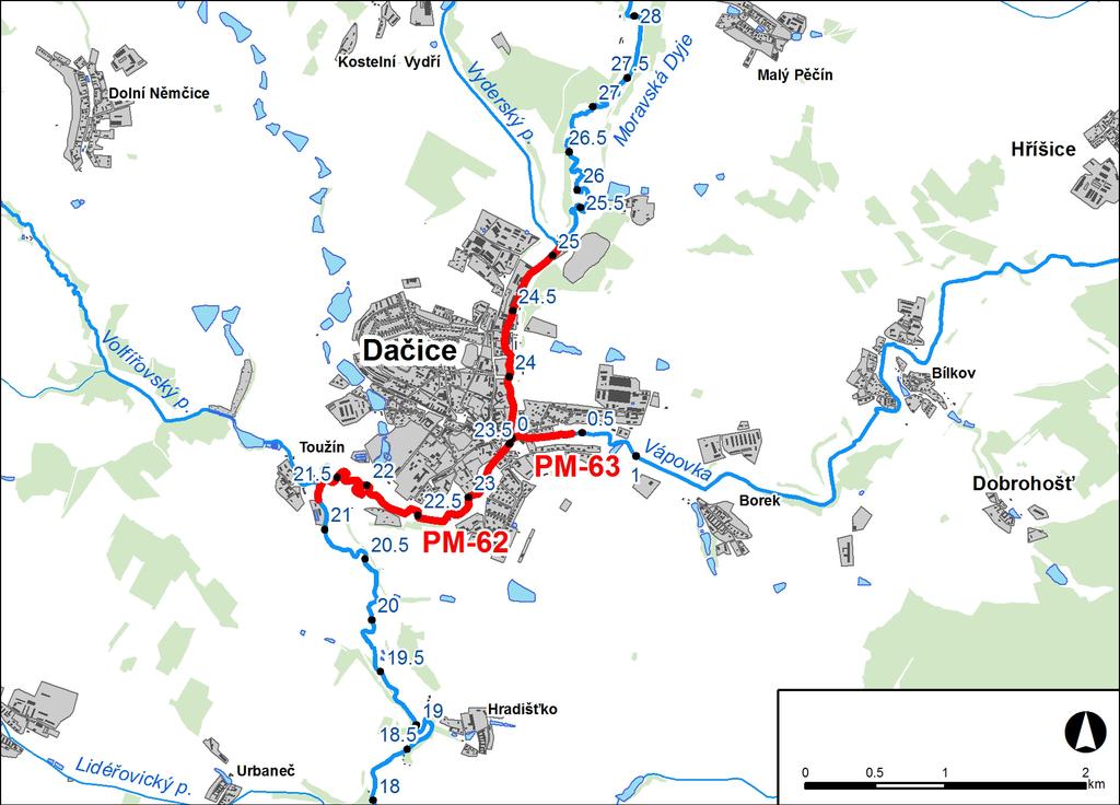 1. LOKALIZACE Předmětem řešeného území je úsek na řece Moravská Dyje v km 21,231 25,076, Vápovka v km 0,000 0,463. Délka úseku: 4,311 km, z toho v zastavěném nebo zastavitelném území 4,311 km Obr. č.