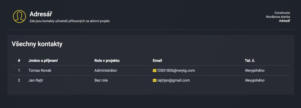 Adresář Modul Adresář je jednoduché zobrazení všech uživatelů přiřazených na projektu s jejich kontaktními