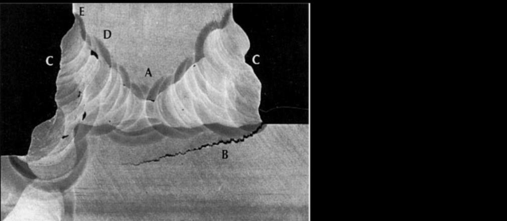 a limity. [13]. Při svařování může nastat i kumulace vad ve svaru, jak je ukázáno na níže uvedeném metalografickém výbrusu na obrázku 16.