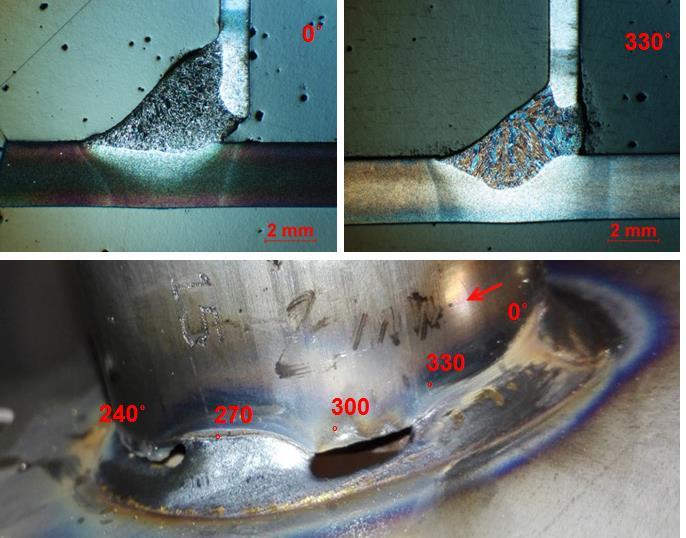 Obr. 28 Metalografické výbrusy 0 až 270 Z výše uvedeného je zřejmé, že při takto sestavených komponentech byla zjištěna maximální svarová mezera pro polohu PA a PB 1,5 mm.