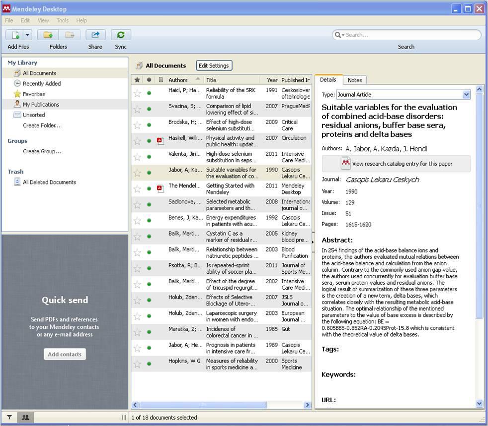 ZOTERO A DALŠÍ POMOCNÍCI VÝZKUMNÍKA Obrázek 3 Hlavní okno systému Mendeley Porovnání a doporučení (Zotero, Mendeley, EndNote) Základní vyhodnocení a doporučení k použití systémů Zotero, EndNote a