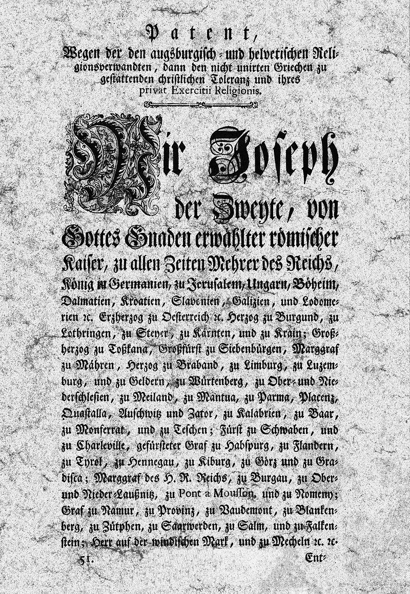 Obrázek 2: Německý text tolerančního patentu, první strana (zdroj: Toleranzpatent.