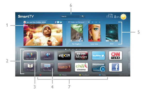 V App Gallery (Galerie aplikací) naleznete v#echny dostupné aplikace. Úvodní stránka slu!by Smart TV Úvodní stránka slu!by Smart TV p"edstavuje va#e spojení s internetem. M$!