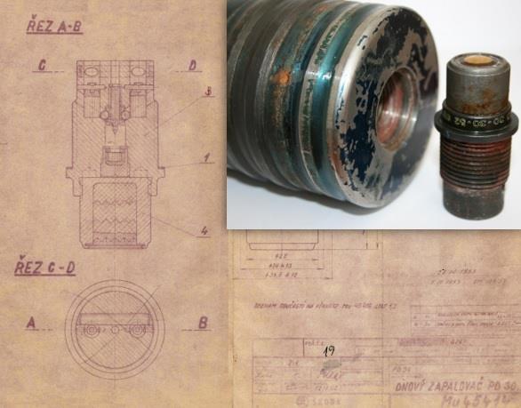 Technický výkres s detailem zapalovače PD-30 a 130mm raketometná střela Další zakázky tvořily zápalkové šrouby dělostřelecké munice s označením C12/50.