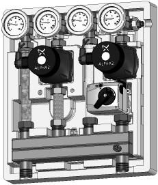 2. Zařízení a popis funkce Popis funkce S tímto kompaktním blokem čerpadel s tepelnou izolací lze napájet dva topné okruhy prostřednictvím společného rozdělovače pomocí vysoce účinných čerpadel.