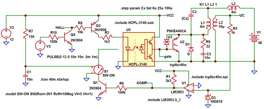 6 Nakonec si ukážeme jeden příklad aplikace oscilátoru: rezonanční řízení BLDC motoru. Jak známo, spínače v tomto motoru jsou řízeny v závislosti na poloze rotoru nejčastěji pomocí Hallových sond.