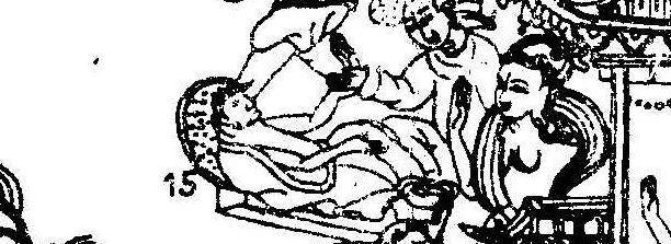 9 č. 15 (nemoc) vedle vchodu leţí jiný člověk, kterému měří lama puls, to je zobrazení