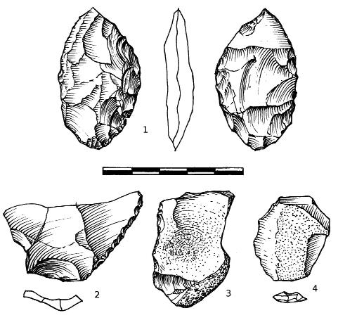 Zprávy o výzkumech za rok 2013: Paleolit A leaf point made of spongolithe was found on a heap of Zel_4a trench at the Želeč Early Upper Palaeolithic site by M. Vadoc in 2013.