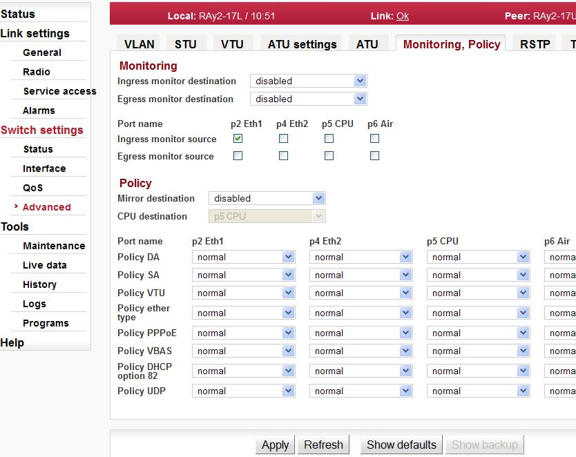 Konfigurace Monitoring, Policy Obr. 5.40: Switch settings - Advanced - Monitoring, Policy Monitoring: Kopie rámců přicházejících (nebo odcházejících) označeným portem jsou odesílány na vybraný port.