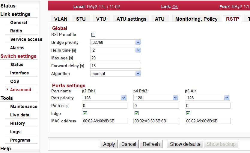 Konfigurace RSTP Obr. 5.41: Switch settings - Advanced - RSTP RSTP démon vypíná redundantní cesty sítí (porty switche), případně je znovu zapíná při poruše jiné větve.