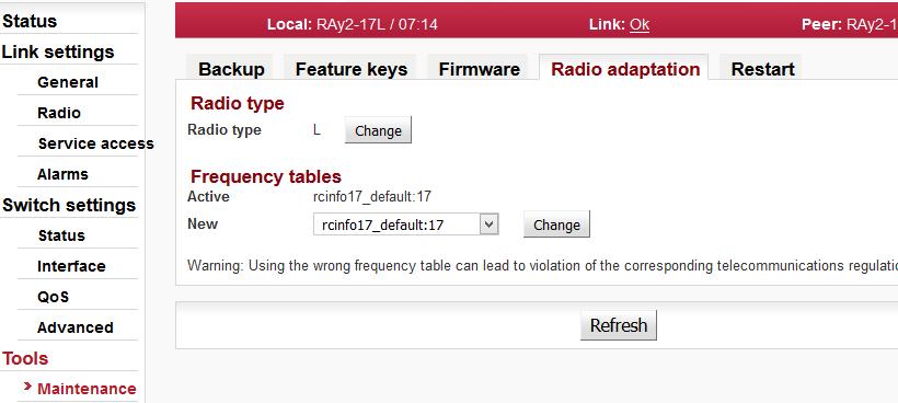 Konfigurace Radio adaptation Obr. 5.47: Tools - Radio adaptation Radio type DŮLEŽITÉ: Platí pouze pro spoje RAy2-17 a RAy2-24. Hardware těchto spojů je univerzální pro celé frekvenční pásmo.