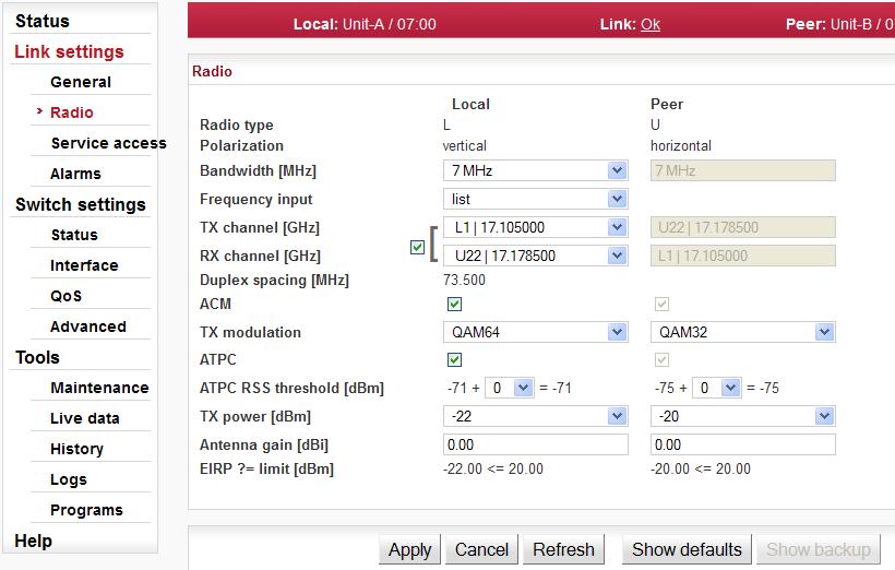 Konfigurace 5.4.2. Radio Obr. 5.8: Link settings Radio Nastavení obecných parametrů rádiové linky.