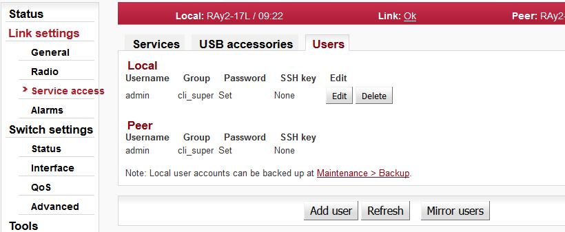 Konfigurace Users Obr. 5.11: Link settings Service access Users Seznam a konfigurace uživatelů. Uživatelé mohou být různí na obou stranách spoje. Příklad menu uživatele "super".