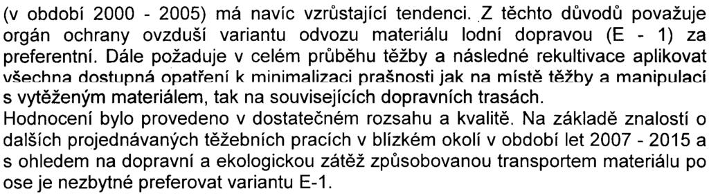 8 (v období 2000-2005) má navíc vzrùstající tendenci.,z tìchto dùvodù považuje orgán ochrany ovzduší variantu odvozu materiálu lodní dopravou (E - 1) za preferentní.