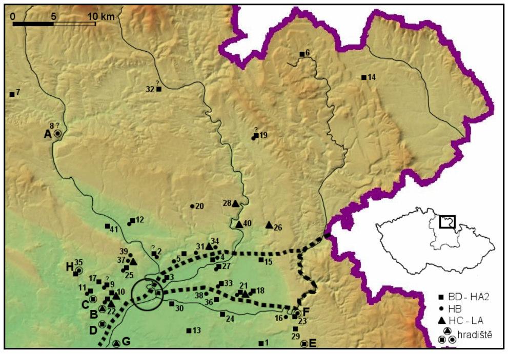 Tab. 32: Rozložení známých nalezišť při severovýchodní periferii Polabí Přehled lokalit vyznačených v mapě: 1. Bohuslavice, 2. Brod, 3. Čáslavky/Jaroměř, 4. Česká Skalice Zájezd, 5. Dolany a Sebuč, 6.