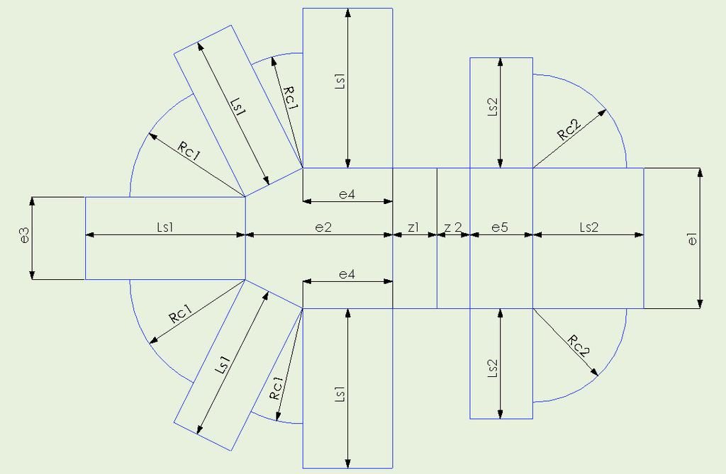 Rozměry e 1, e 2, e 3, e 4 jsou určeny v programu SolidWorks, a to podle Obr. 3.3, kde dojde ke zmenšení základních rozměrů hlubší části výtažku z výkresu DP16-00.