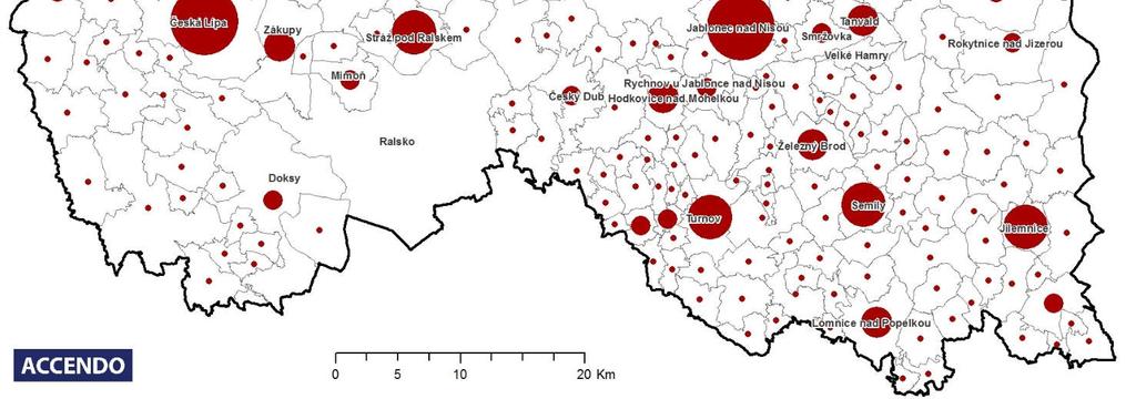 Mapa 1.1: Koncentrace pracovních míst v Libereckém kraji k 1. 12. 2016 Zdroj: MVČR, Příloha k vyhlášce č. 276/2017 Sb. Pozn.