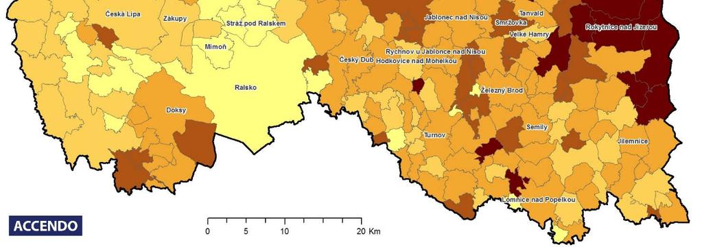Mapa 1.2: Míra podnikatelské aktivity v Libereckém kraji v roce 2016 Zdroj: ČSÚ, Registr ekonomických subjektů (RES) 2016. Pozn.