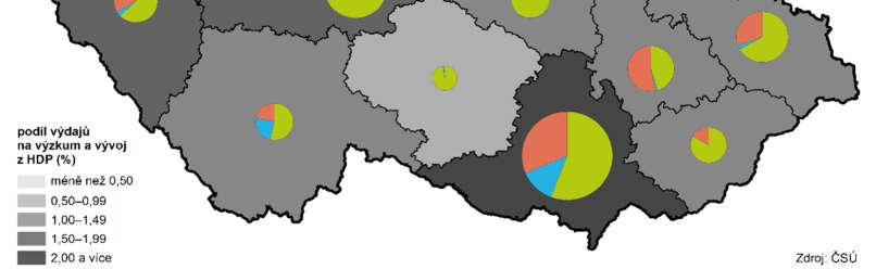Mapa 2.1: Vybrané ukazatele ve VaV dle krajů v roce 2015 Zdroj: ČSÚ - Ukazatele výzkumu a vývoje Na výzkum a vývoj se v kraji vynaložilo 2 520 mil.