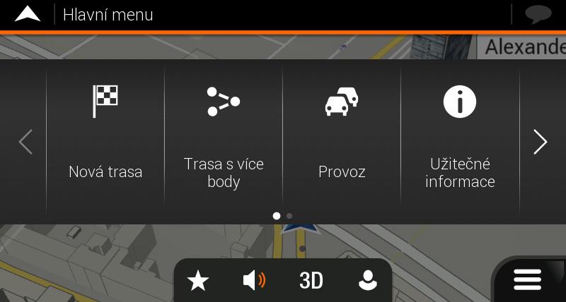 Menu Navigace Na obrazovce Mapa klepnutím na tlačítko otevřete menu Navigace.
