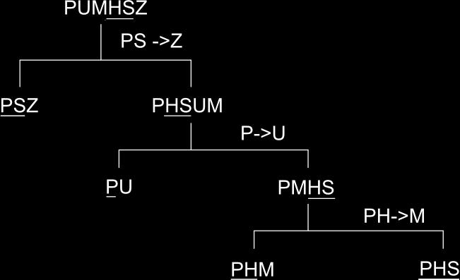 Algoritmus dekompozice řešení 2 Příklad univerzita: F: P U, HM P, HU M, PS Z, HS M