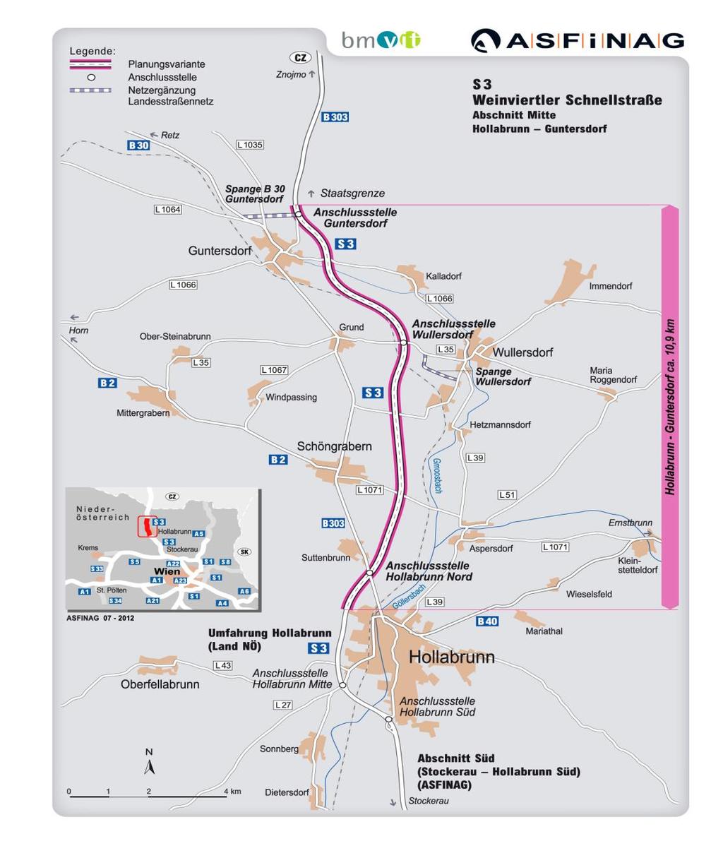 SCHÉMA AKTUÁLNÍHO PŘÍSTUPU K PŘÍPRAVĚ S3 URBANISMUS ARCHITEKTURA DESIGN-STUDIO, spol. s r.o. Charakter komunikace S3: Souběžně k B303 bude vybudována S 3 Weinviertler Schnellstrasse Hollabrunn Guntersdorf.