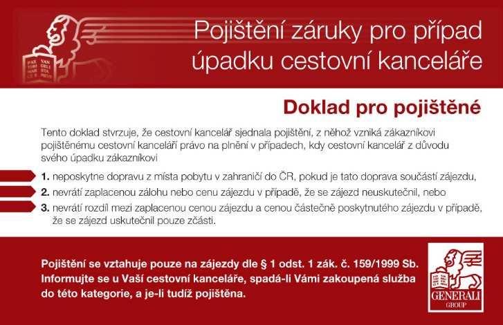 Pojistné limity cestovního pojištění Doklad o