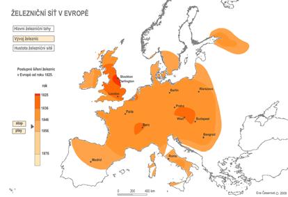 Vývoj železniční sítě je znázorněn pomocí postupně se rozšiřujících ploch z jednotlivých ohnisek. V této mapě je zobrazena časová osa se šipkou, která označuje rok odpovídající aktuálnímu zobrazení.