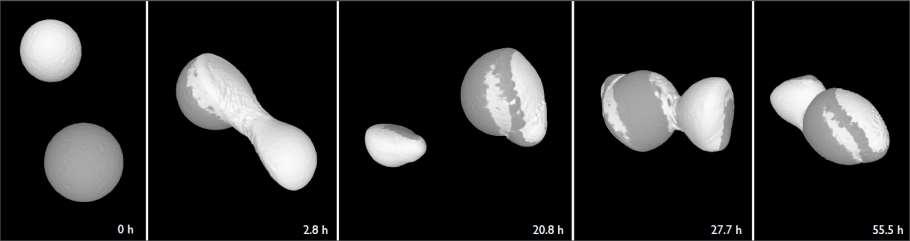 67P vznik podvojného jádra a. lokalizovaná aktivita (dnes oblast krku) b.