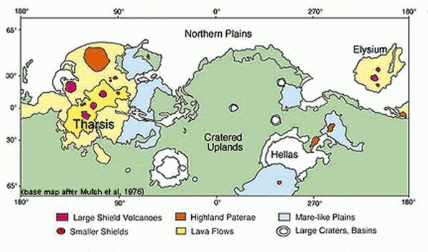 Obr. č. 0 - Vulkanické útvary na Marsu velké vulkány, lávové proudy, planiny, Bíle jsou nížiny na severu, impaktní pánve Hellas a Argyre. Zdroj: volcano.oregonstate.edu.