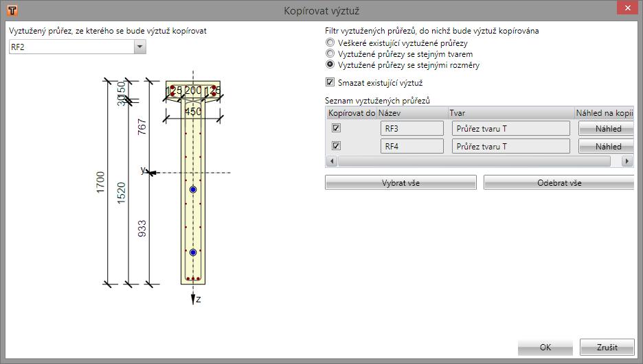 Uživatelská příručka 27 Vyztužený průřez, ze kterého se bude výztuž kopírovat v seznamu se vybírá vyztužený průřez, jehož vyztužení se bude kopírovat do cílových vyztužených průřezů Filtr vyztužených
