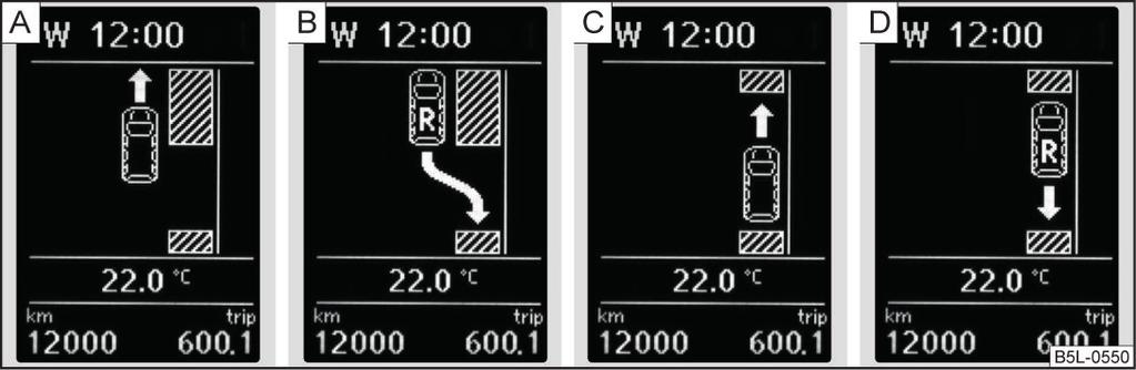 Pokud se na displeji zobrazí symbol (km/h), snižte rychlost vozidla pod 40 km/h (podélné parkování), resp. pod 20 km/h (příčné parkování). Obr.