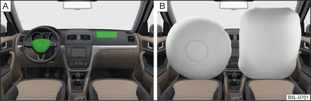 Při lehkých čelních a bočních nárazech, při zadních nárazech, při převrhnutí nebo převrácení vozidla se systém airbag neaktivuje.