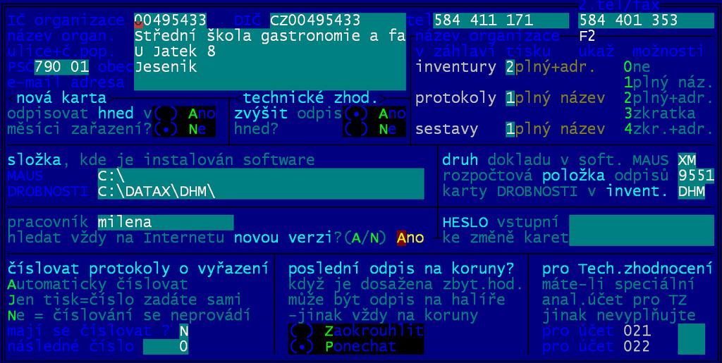 Funkce: - F6 = tisk : protokolu o zpracovávaných údajích / aktuální stav všech údajů vybraného subjektu - F2 - F9 = různý způsob výmazu údaje (údajů) u vybraného (vybraných/všech) subjektů - F2, F3 =