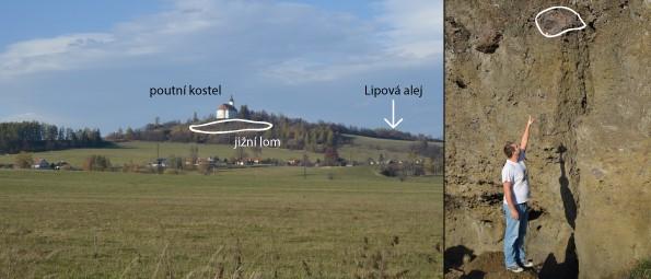 Popis exkurzních lokalit Uhlířský vrch: obr. 38: Zleva - pohled na Uhlířský vrch z jižní strany, sopečná puma v západním lomu (autor: Petra Kubielasová, 2015) Prohlídka Uhlířského vrchu (obr.