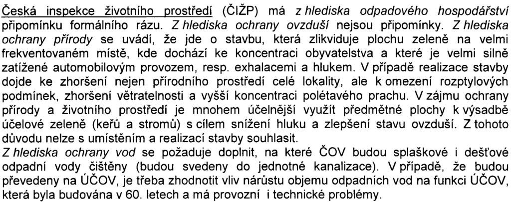 Hyaienická stanice hlavního mìsta Prahy upozoròuje, že z hlediska zneèištìní ovzduší škodlivinami i hlukem je výstavba bytù nežádoucí, existující hlukové hladiny v zájmové lokalitì spadají do pásma s