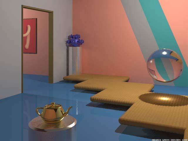 b) Fotonové mapy (Photon Mapping) Kaustika Odrazy objektů na lesklé podlaze (glossy