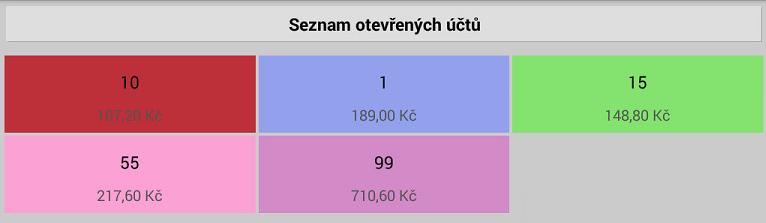 SEZNAM OTEVŘENÝCH ÚČTU HOSTA stiskem klávesy SEZNAM OTEVŘENÝCH ÚČTU pokladna zobrazí aktuálně obsazené účty hostů, jejich aktuální útratu a i z této obrazovky lze daný účte opět otevřít.