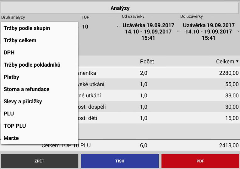 ANALÝZY pokladna eviduje všechny finanční a PLU prodeje.