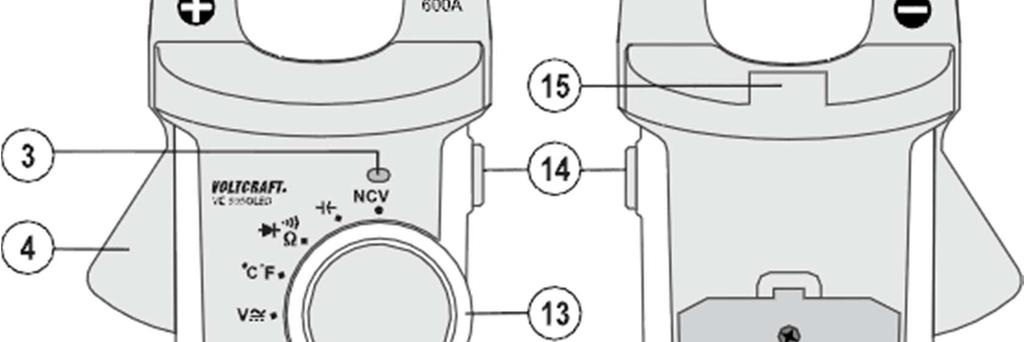 LED kontrolka NCV signálu 4. Páka pro otevírání a zavírání čelistí kleští 5. Tlačítko SELECT pro výběr funkce (červené symboly), tlačítko Bluetooth 6. OLED Displej 7.