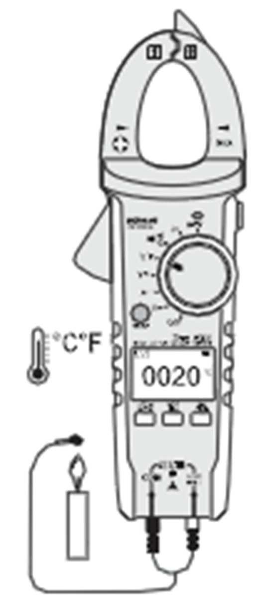 d) Měření teploty Při měření teploty se smí měřené teplotě vystavit pouze teplotní senzor, kterým se měří. Abyste se vyhnuli chybám v měření, nepřekračujte rozsah provozní teploty multimetru.