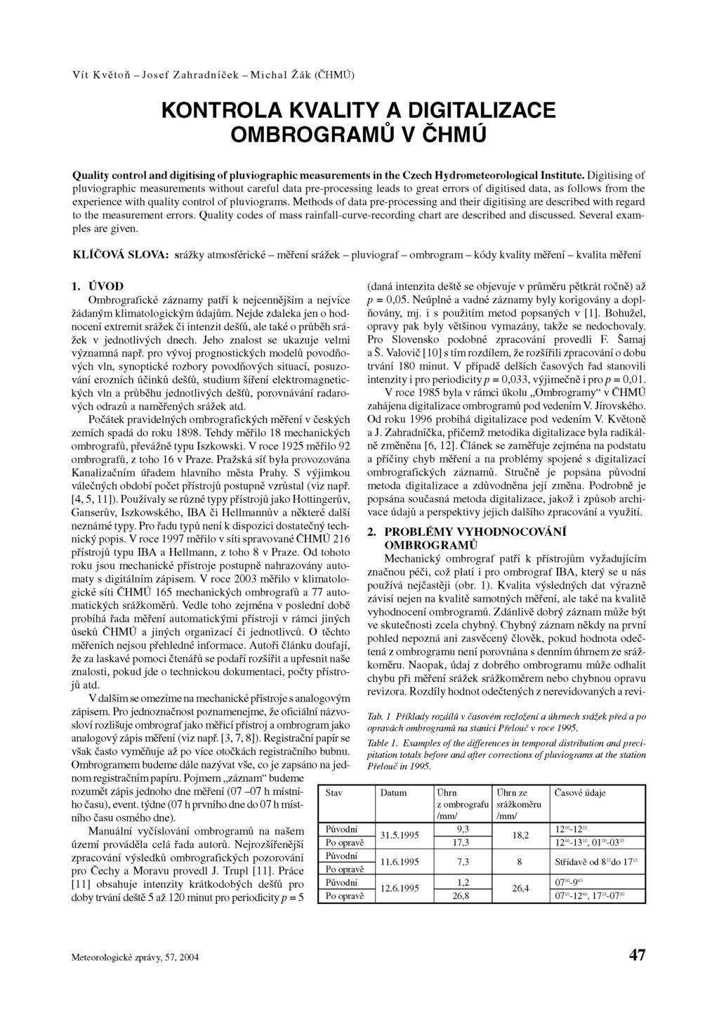 Vít Květoň - Josef Zahradníček - Michal Žák (ČHMÚ) KONTROLA KVALITY A DIGITALIZACE OMBROGRAMŮ V ČHMÚ Quality control and digitising of pluviographic measurements in the Czech Hydrometeorological