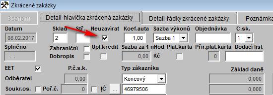 III. Nákupka na Zkrácenou zakázku a Pneuservis Nejprve založíme Zkrácenou zakázku/pneuservis a označíme ji NEUZAVÍRAT (při uložení se nám nevytváří daň. doklad ani se nic neodesílá na EET).