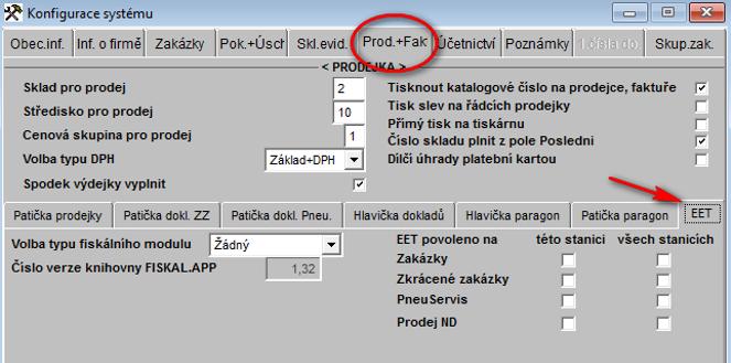 Následně se do programu přihlásíme jako SUPERVISOR a v menu Speciál Konfigurace systému záložka Prod.+Fak. nastavíme EET a jeho další parametry. I. Volba typu fiskálního modulu nastavíme na EET II.