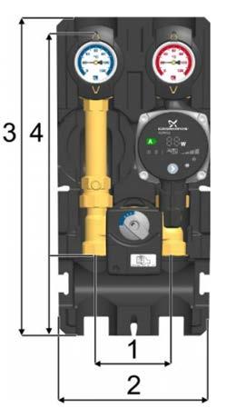 8) Technický nákres a rozměry: 1) Rozteč 90 mm 2) Šířka izolace 180 mm 3) Výška izolace 385 mm 4)