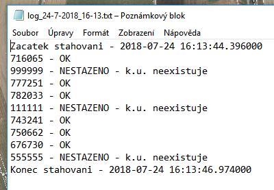 Ukázka záznamu o výsledku stahování Tímto způsobem si jednoduše vytvoříte úložiště dat katastrální mapy, které lze využít v zásuvném modulu Katasrální mapa.