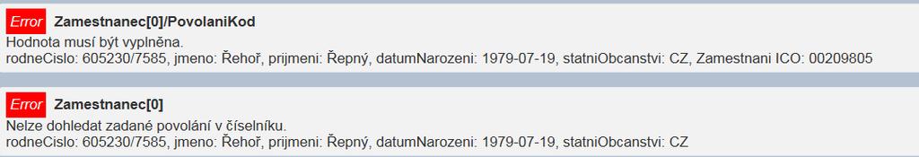 Chyby v číselníkových položkách ERROR =